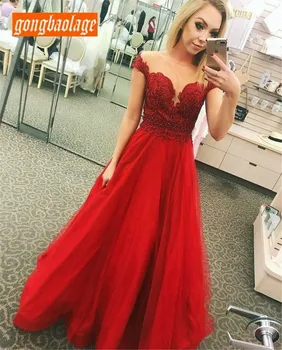 

2020 Red Tulle Long Formal Evening Dress Party Floor Length Beaded Lace Top A Line Custom Made Prom Gown Vestido De Fiesta Cheap