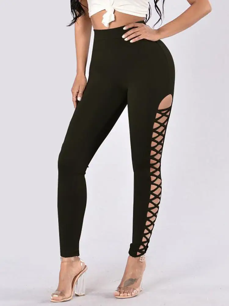 

2018 New Women Stretchy Yoga Pants Faded Ripped Slim Fit Hollow Out Lace Up Legging Trousers Ladies High Waist Running Leggings