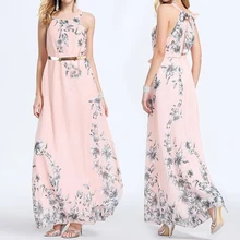 Women Summer Boho Party Formal Dress Sleeveless Backless Belt Floral Print Straight Ankle-Length Dress Sundress With Belt
