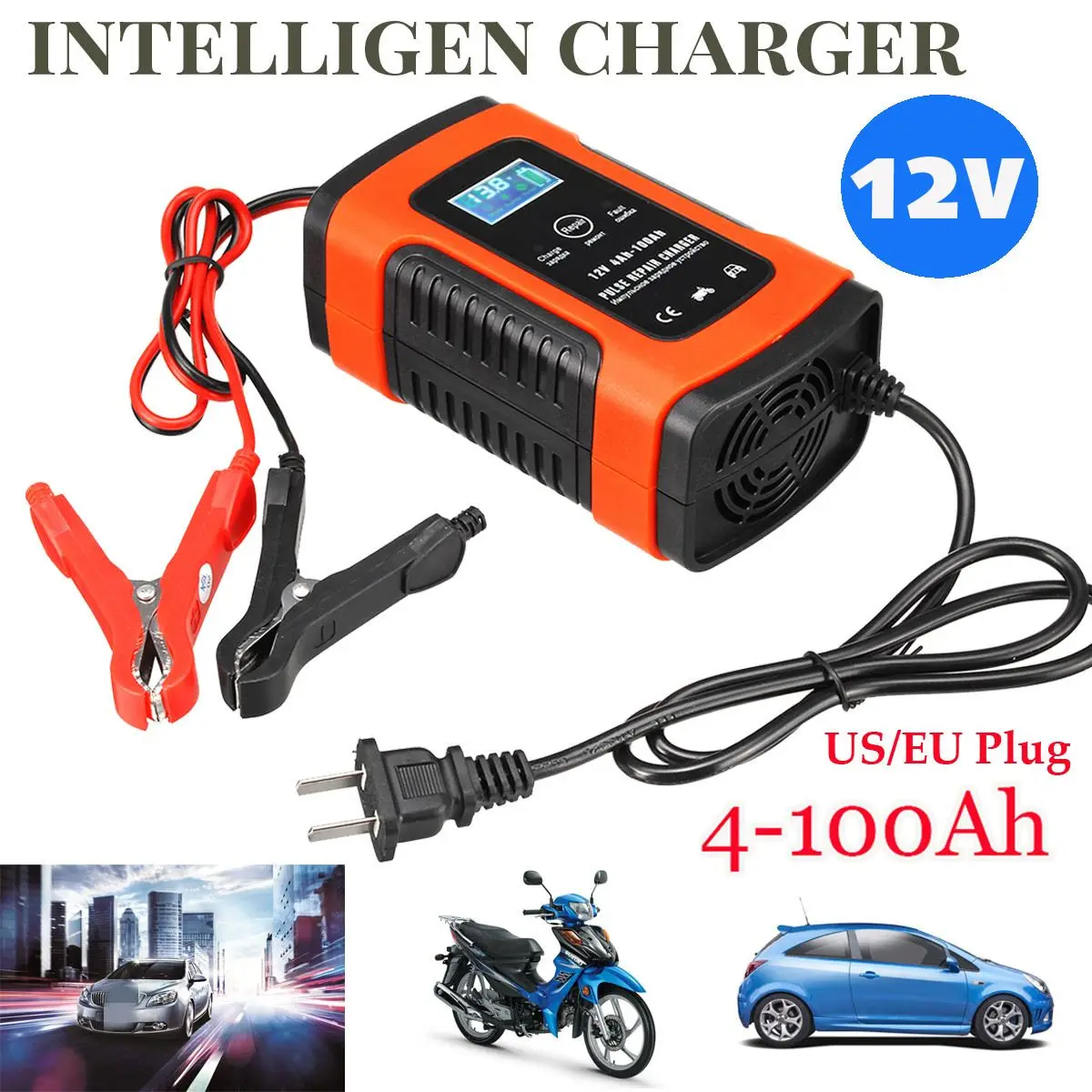 New 12V 5A 4-100Ah Auto Car Intelligent Battery Charger Jump Starter LCD Intelligent 100-240V Pulse Repair Type