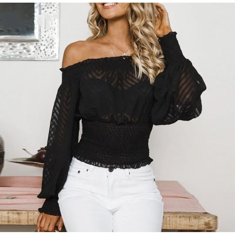 Women Summer Spring Off Shoulder Ruffle Blouse Ruffles Lantern Sleeve Solid Draped Tops Casual Long Sleeve Shirt