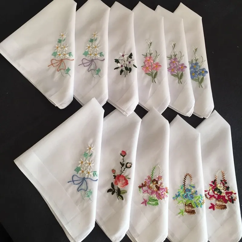 30x30cm Vintage Ladies Women Cotton Handkerchief Pocket Square Embroidery Floral Flowers Hankies