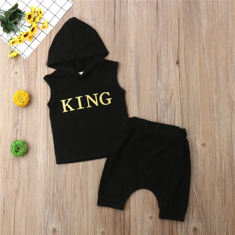 

Toddler Baby Boys Summer Clothes Casual Hooded sleeveless pullover Geometry Vest letter print Shorts 2PC kids cotton outfits