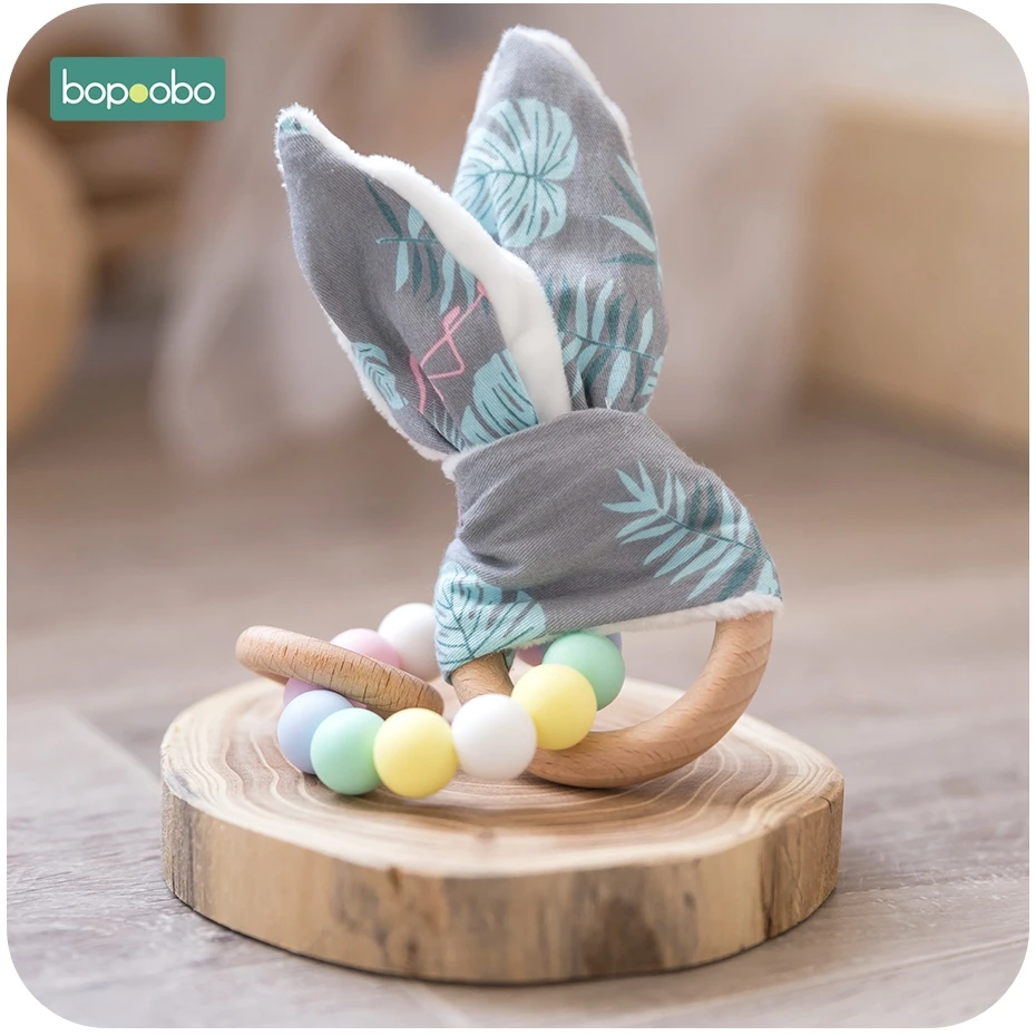 

Bopoobo 0-12months Baby Organic Bunny Ear Bracelets Baby Wooden Ring Teether Bpa Free Baby Silicone Teether Wooden Waldorf Toys