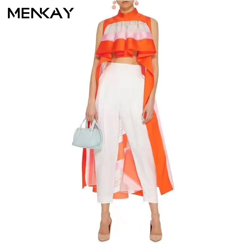 

MENKAY Sexy Striped Asymmetrical Tank Top Women Stand Sleeveless Ruffles Hit Color Female Clothes Streetwear Fashion 2019 New