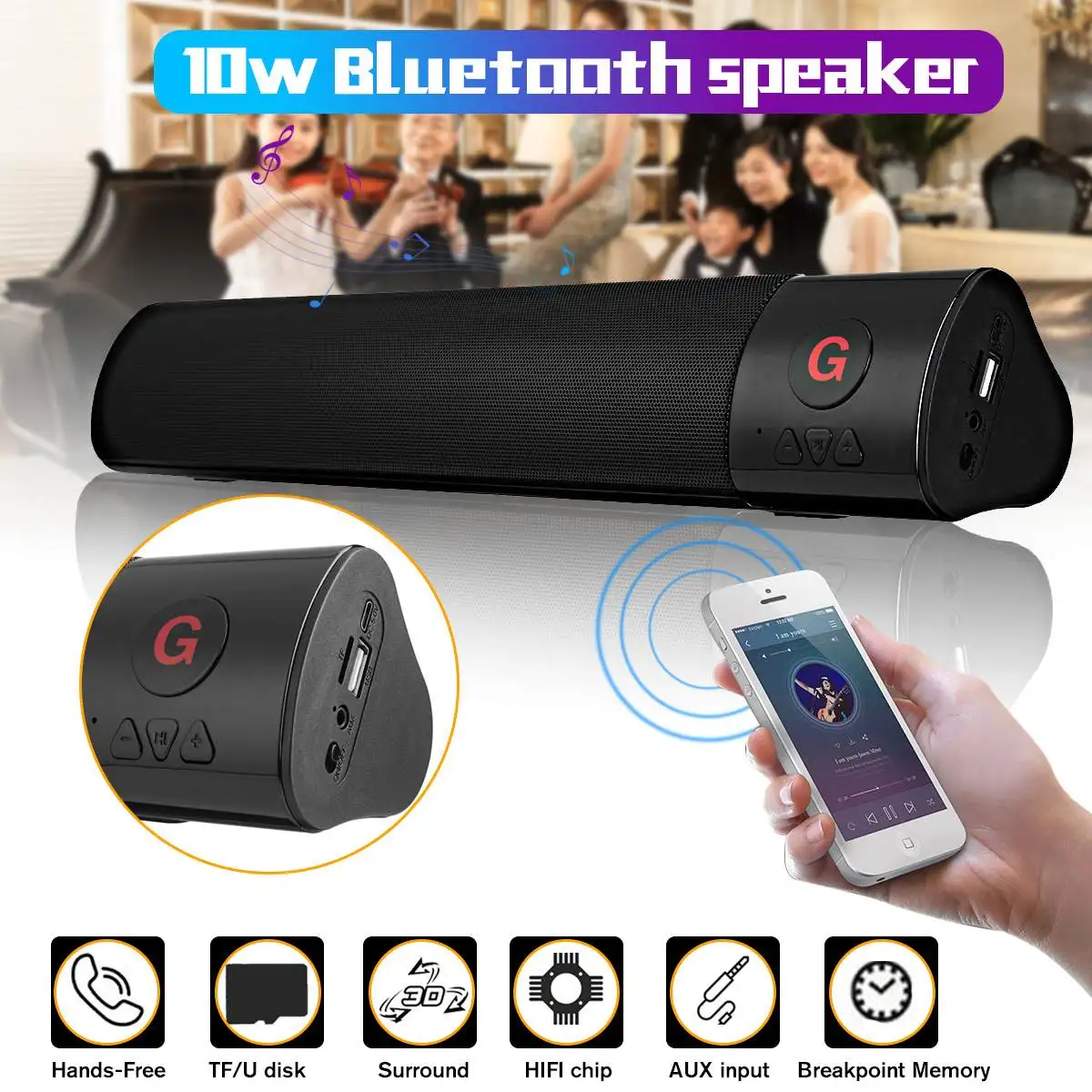 

Portable Wireless bluetooth Speaker Soundbar 3D Stereo Surround HIFI Subwoofer FM TF Aux USB TV Home Theate Speaker