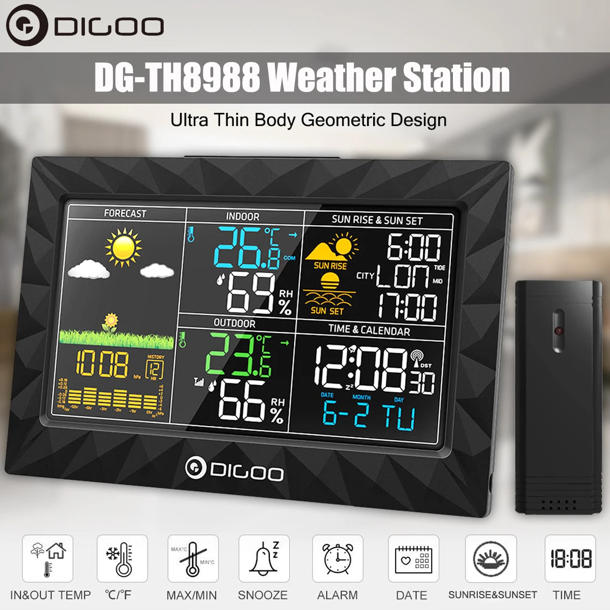 DIGOO DG-TH8988 ЖК-дисплей цвет Крытый Открытый Метеостанция+ Дистанционный датчик термометр Повтор часы рассвет закат дисплей