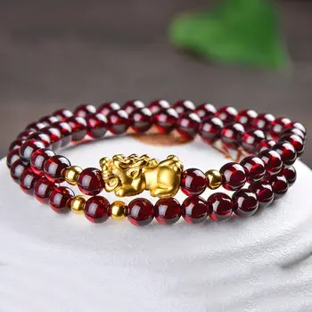 

New Jewelry 24K Yellow Gold Bracelet Lucky Garnet With 3D Pixiu And Bead Link