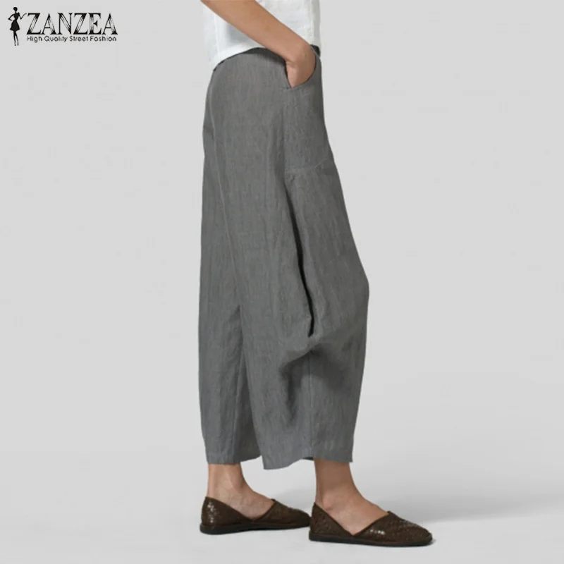 ZANZEA, винтажные повседневные штаны, женские штаны с эластичной резинкой на талии, широкие брюки, женские штаны с оборками, палаццо, женские одноцветные брюки