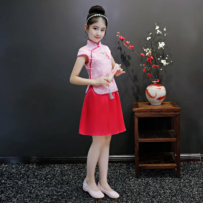 Детские красные платья Ципао с вышивкой в восточном стиле для девочек, Qipao Pao Chinoise, детское платье из двух предметов