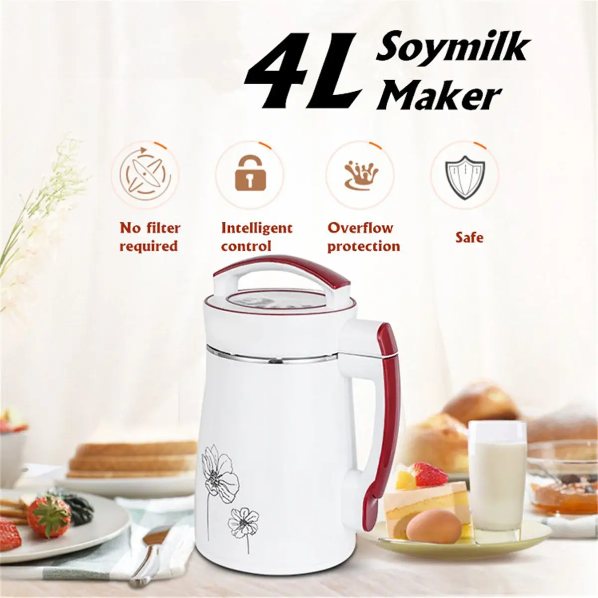

220V 4L Stainless Steel Electric Coffee Grinder Soya Bean Hot Soymilk Machine Fruit Cereal Juicer Home Maker Child Healthy Life