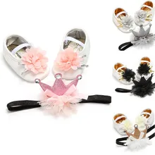 Комплект из 2 предметов для девочек-принцесс, повязка на голову+ обувь, милые вечерние кроссовки для новорожденных, для маленьких девочек, кроссовки с мягкой подошвой для новорожденных 0-18 месяцев