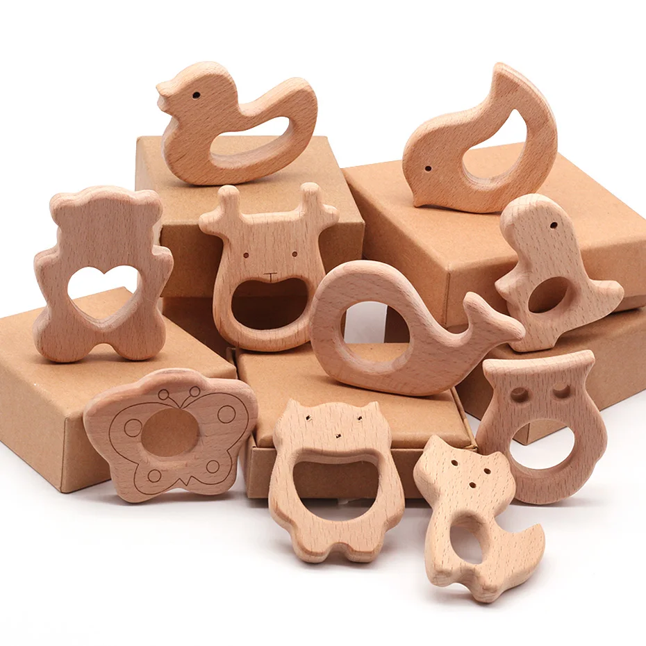 

10pc Natural Beech Wooden Teether Wooden Pendant Pacifier Chain Tooth Toy Cute Animal Shape Food Grade Material Baby Teether