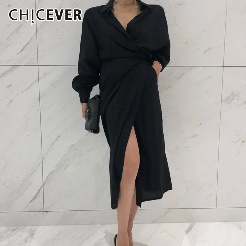

CHICEVER Black High Waist Lace Up Dress For Women Hem Split Lantern Sleeve Slim Autumn Dresses Female Clothes Fashion Korean New