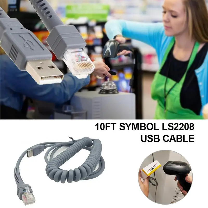 Bar Code Coiled Spiral Extension USB To RJ45 Cable Barcode Scanner For