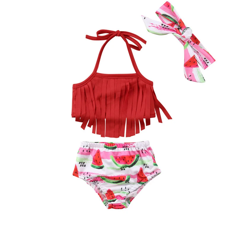 

3pcs Swimwear Set Toddler Kids Baby Girl Watermelon Print Pants Swimsuits Long Tassel Tie T Shirt Tops + Headwear Clothes Set
