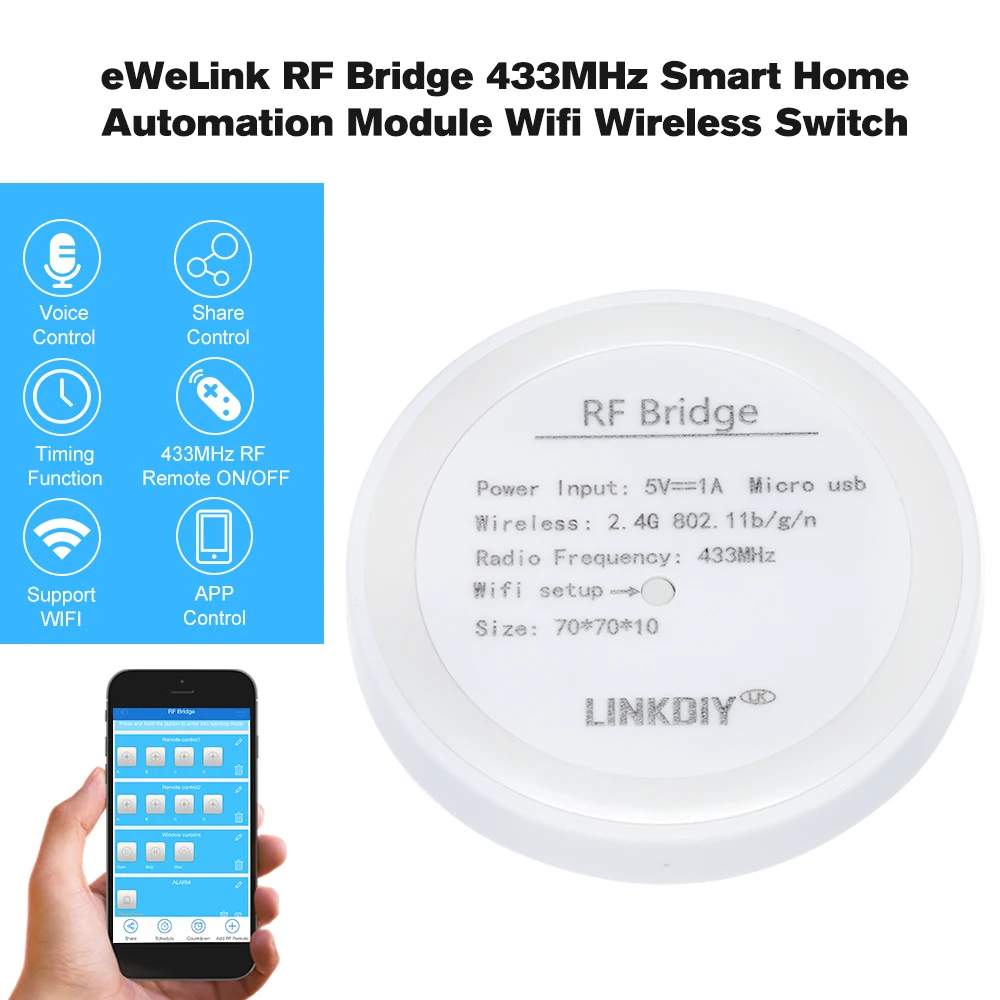 

eWeLink RF Bridge 433MHz Smart Home Automation Module Wifi Wireless Switch Universal DIY Convert 433MHz RF Remote Controllers