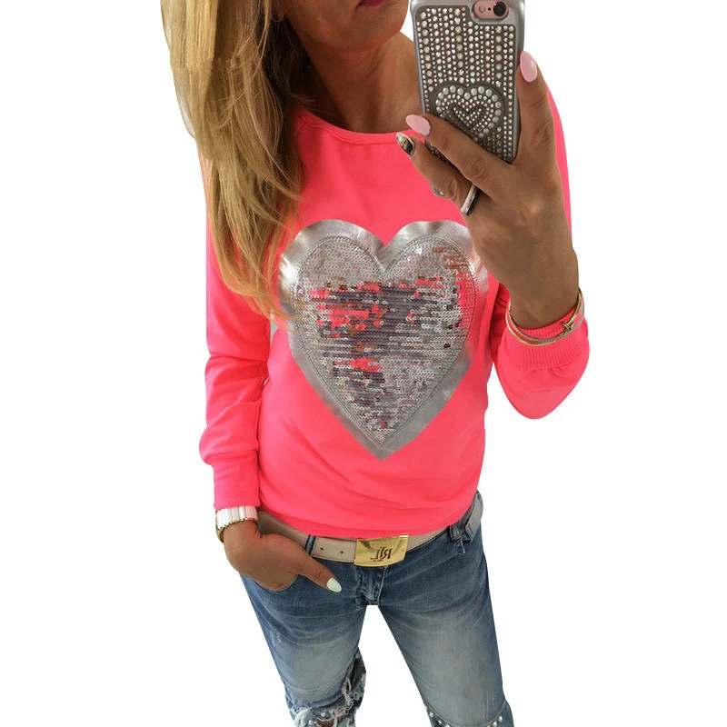 

2019 Women T Shirt Cotton Tops O Neck T-shirt Sequin Heart Shape Long Sleeve Clothes Casual Female Shirts Blusas Ropa Mujer