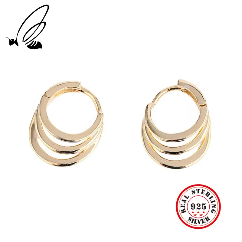 

Real 925 Sterling Silver Simple Three Circle Hoop Earrings Industrial Metal Style Gold Fashion Women's Earrings For Party Show