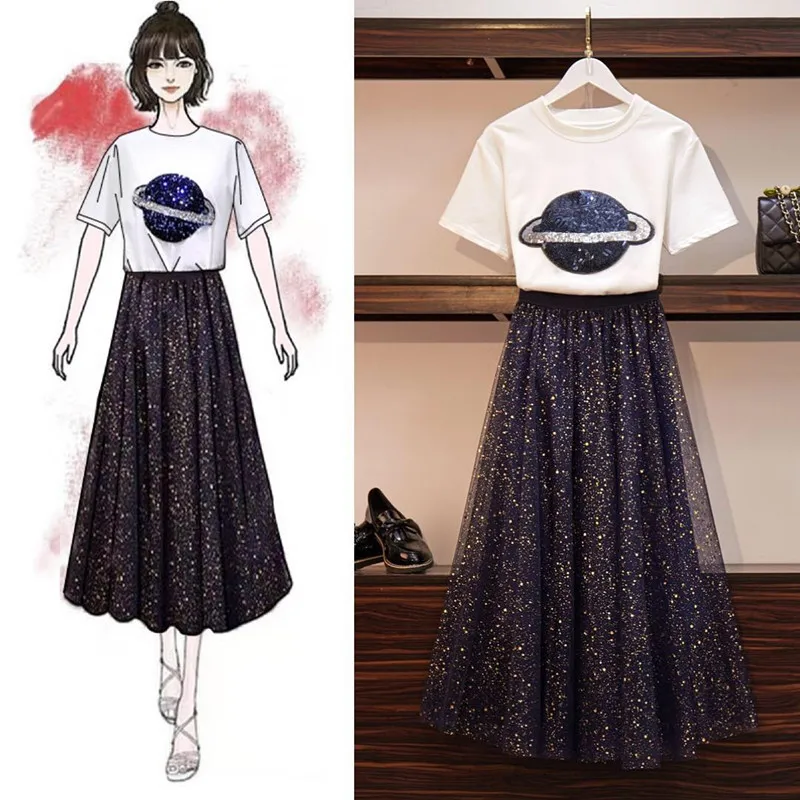 Banulin Plus Size Summer Women Sequined Planet Pattern Short Sleeve Tshirt+Sequined Mesh Tulle Mid Calf Skirts 2pcs Set Suit Banulin Plus Size Summer Women Sequined Planet Pattern Short Sleeve Tshirt+Sequined Mesh Tulle Mid Calf Skirts 2pcs Set Suit