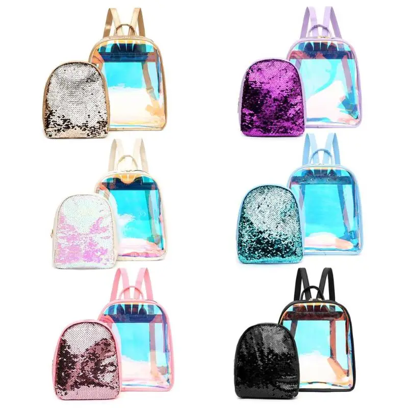 

2pcs/set PVC Transparent Clear Jelly Color Sequins Fashion Women Backpacks Teenage Girls Student School Shoulder Bags