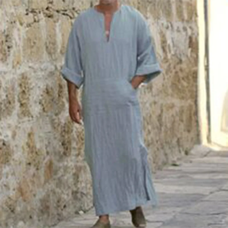 

Retro V Neck Pullover Robe For Man Male's Casual Loose Solid Lounge Wear Home Robed Loungewear Sleepwear Islamic Arab Pajama