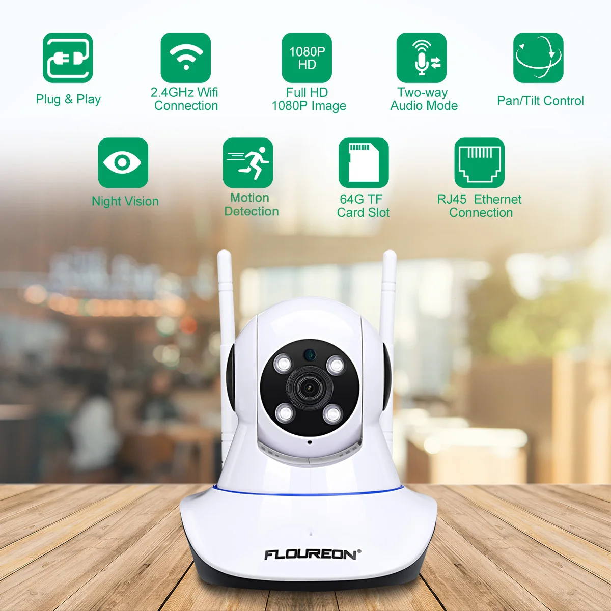 

FLOUREON 1080P 2.0MP IP Camera WiFi H.264 Wireless Surveillance Camera Pan/Tilt Infrared LED Night Vision Home Security EU