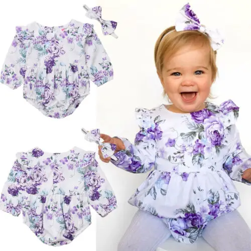 الوليد الطفل فتاة زهرة رومبير طويلة الأكمام بذلة العصابة الزي للطفل الفتيات