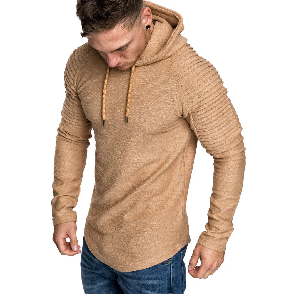 

Spring Summer Fashion Casual Top Men T Shirt Solid Pleated Shoulder Long Sleeve Body Building Hooded Male T-shirt Size M 3XL