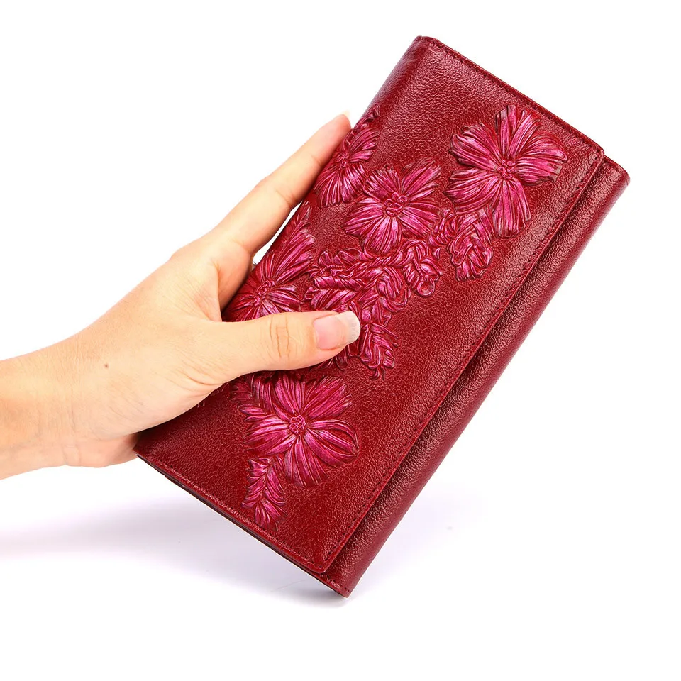 

Flower Print Cow Leather Women Wallet Female Coin Purse Walet Portomonee Clutch Money Bag Lady Handy Card Holder Long for Girls