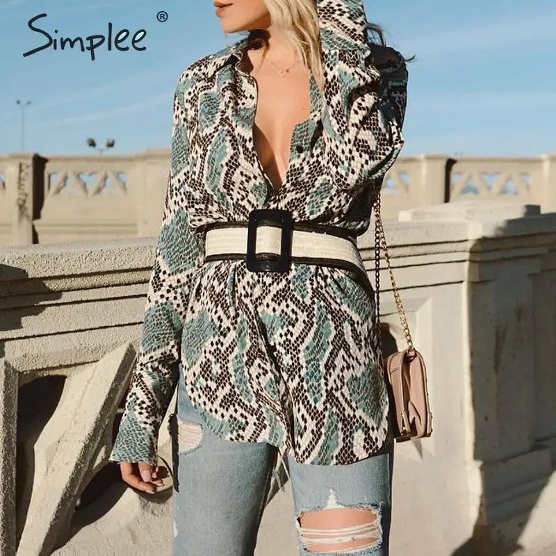 Simplee Vintage green snake print women long blouse shirt Animal