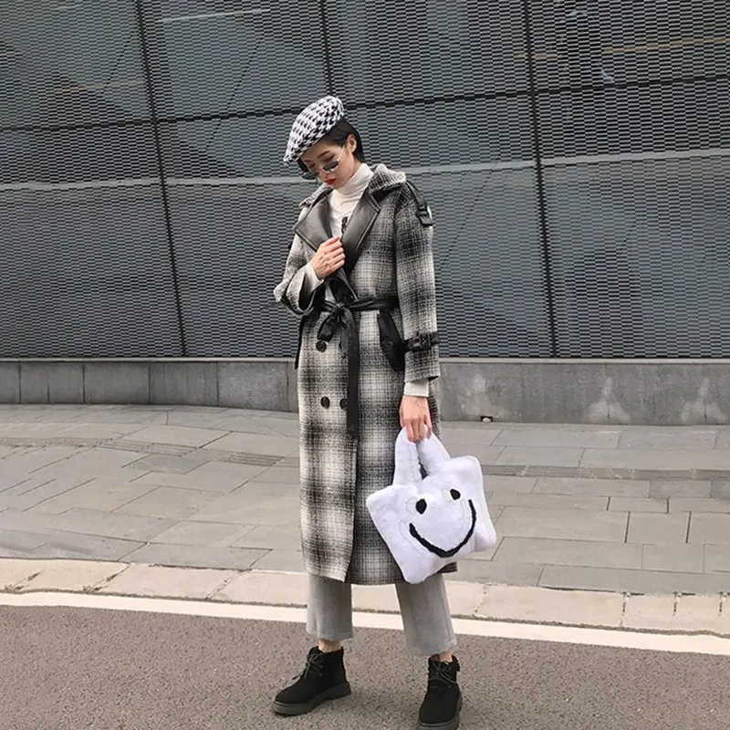 gray Twotwinstyle Cuir Pu Coréen Laine 2018 Mode Femme Femmes Dentelle Longues De Manteaux Manches En Hiver Plaid vent Blue Patchwork Up Coupe 4q1x4Fnr