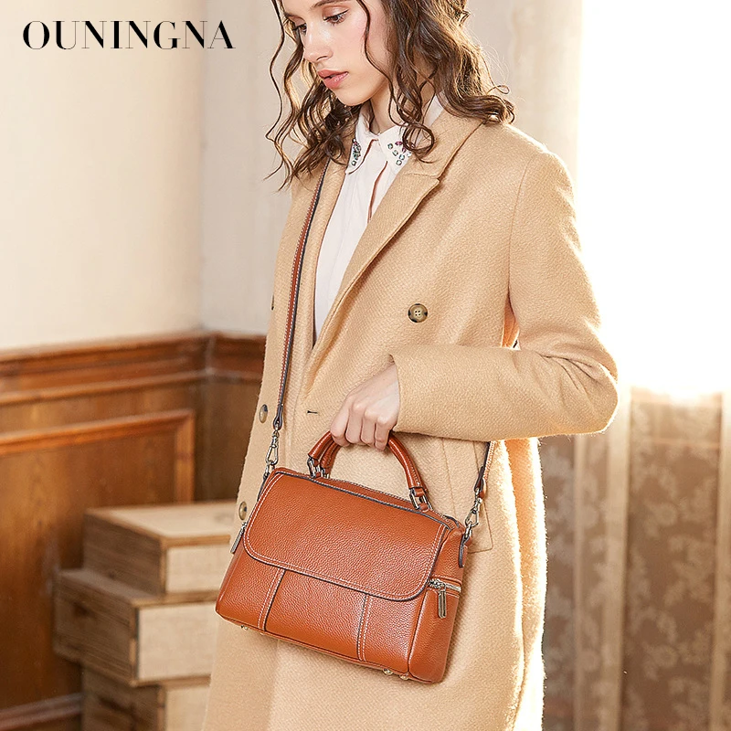 

OUNINGNA England Style New premium genuine leather ladies handbag cross body bag cowhide Boston bag