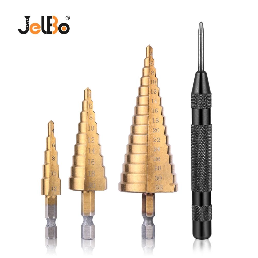 

JelBo 3pc Hss Step Cone Taper Drill Bit Set HSS Steel Titanium Hole Cutter Drilling Tool 4-12/20/32mm Metal for Woodworking