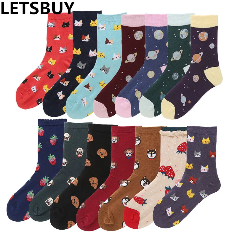 LETSBUY/женские короткие носки с животными из мультфильмов; носки до щиколотки с рисунком кота, собаки и фруктов для девушек; Повседневное платье