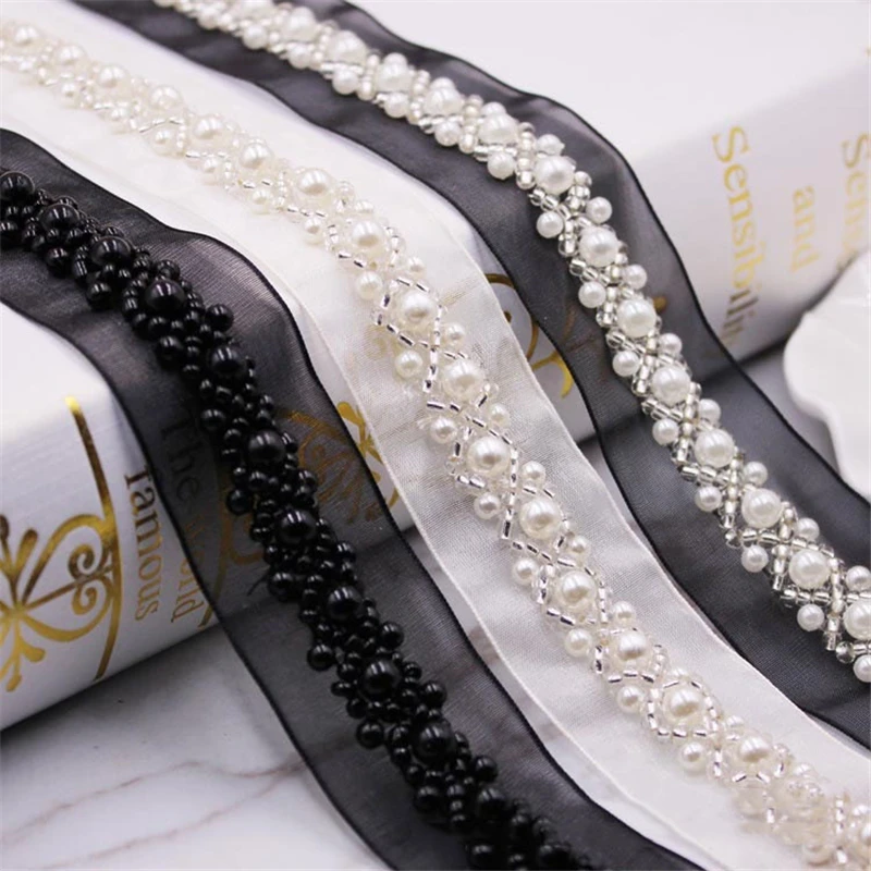 Meetee 3cm Width 5Yards Handmade Beaded Pearl Lace Mesh Trims Ribbon DIY Sewing Clothing Accessories Wedding Dress Decor Craft | Дом и сад
