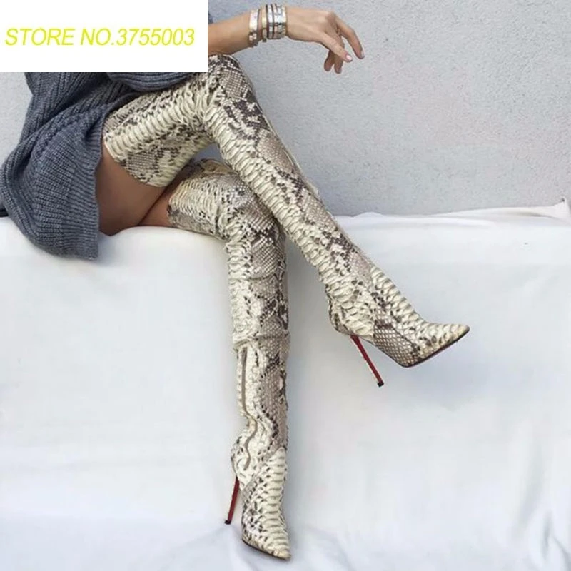 

Women Over The Boots Sxey Snakeskin Women Boots Fashion Pointed Toe High Heels Long Boots Runway Style Women Shoes Zipper 43