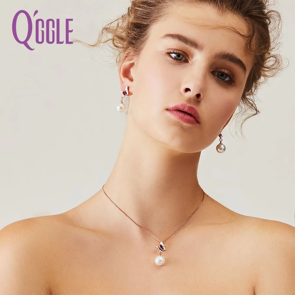 

Qggle Simulated Pearl Necklace Set For Women Rose Gold Zinc Alloy Butterly Earring Wedding Paved Bridal Party Jewelry 2019