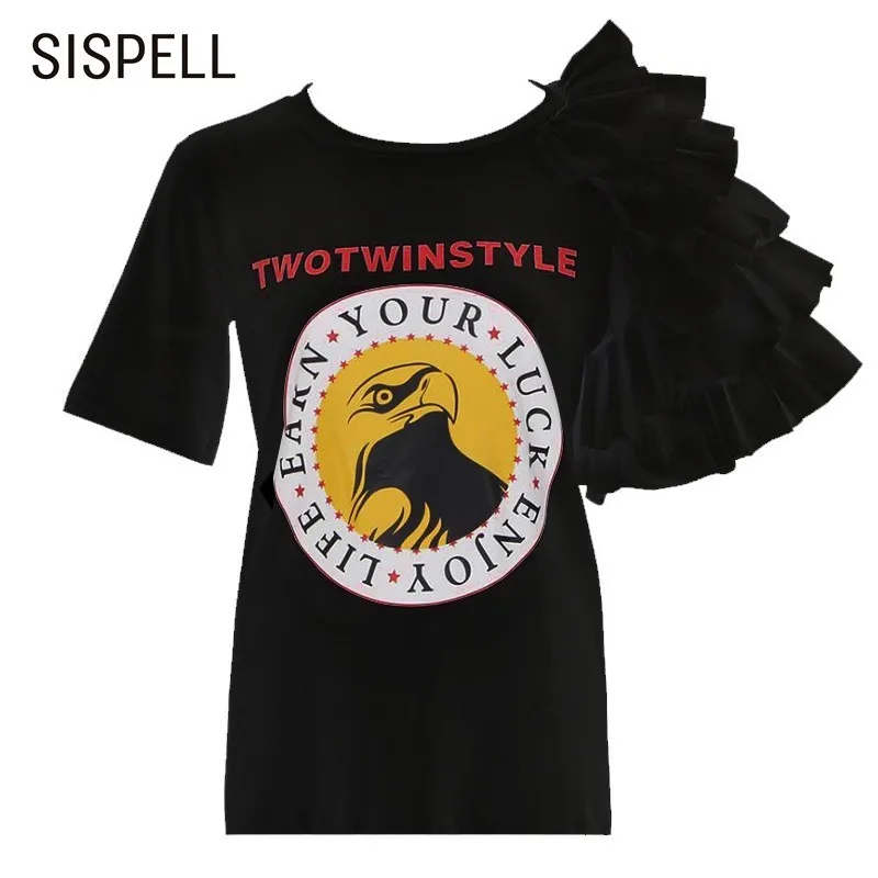 

SISPELL Letter Print T-shirts For Women O Neck Short Sleeve Ruffles White Tops Female T-shirt Fashion Casual Clothes New