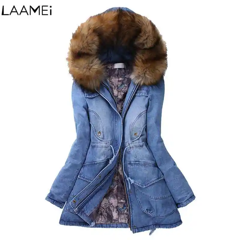 Laamei 2018 новые парки женские зимние джинсовые пальто утолщение хлопок женская