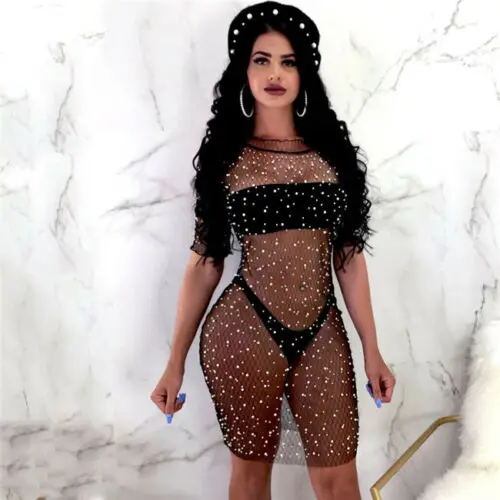 

Lace Women Summer Crochet Bikini Cover Up Tops Swimwear Beach Dress Mesh bodycon Sexy See Through dress Girl party mini dresses