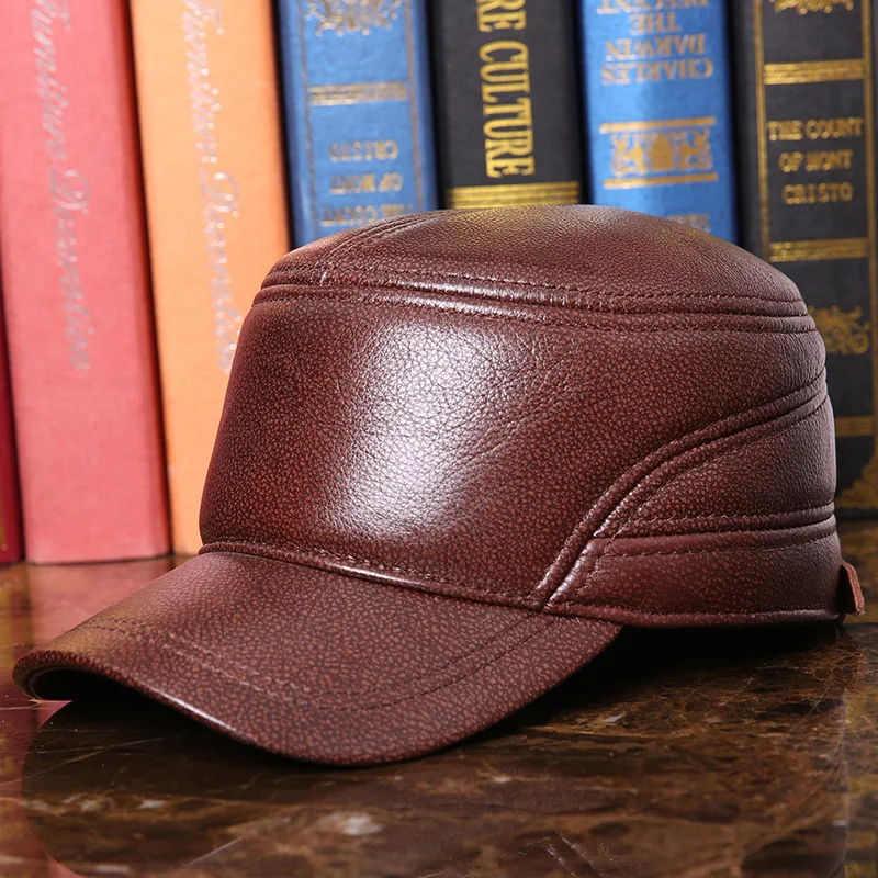 

Really Leather Hat Season Man Outdoors Flat Roof Cap Cowhide Peaked Cap