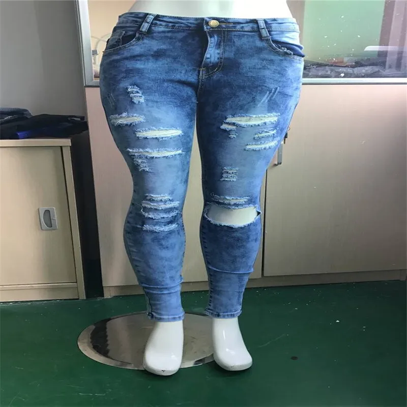 Тонкий деним/синие джинсы Для женщин s отверстие Рваные джинсы середины талии сломанные брюки женщина карандаш брюки джинсы для Для женщин большой размеры брюки