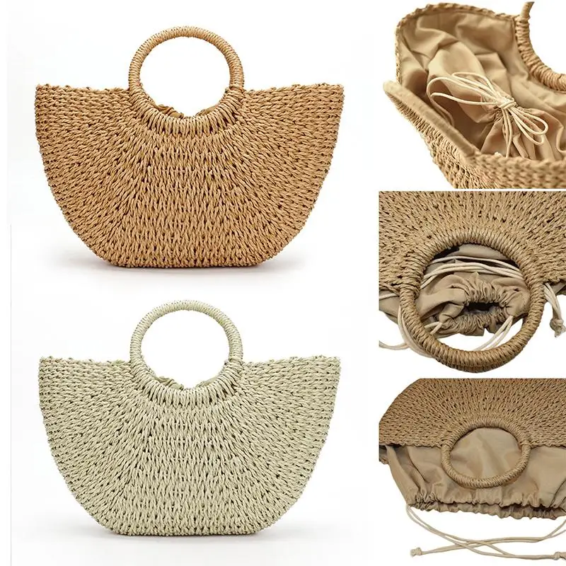 

Natural Handmade Straw Bag Hand-woven Round Bamboo Handbag Summer Bag Beach Bag