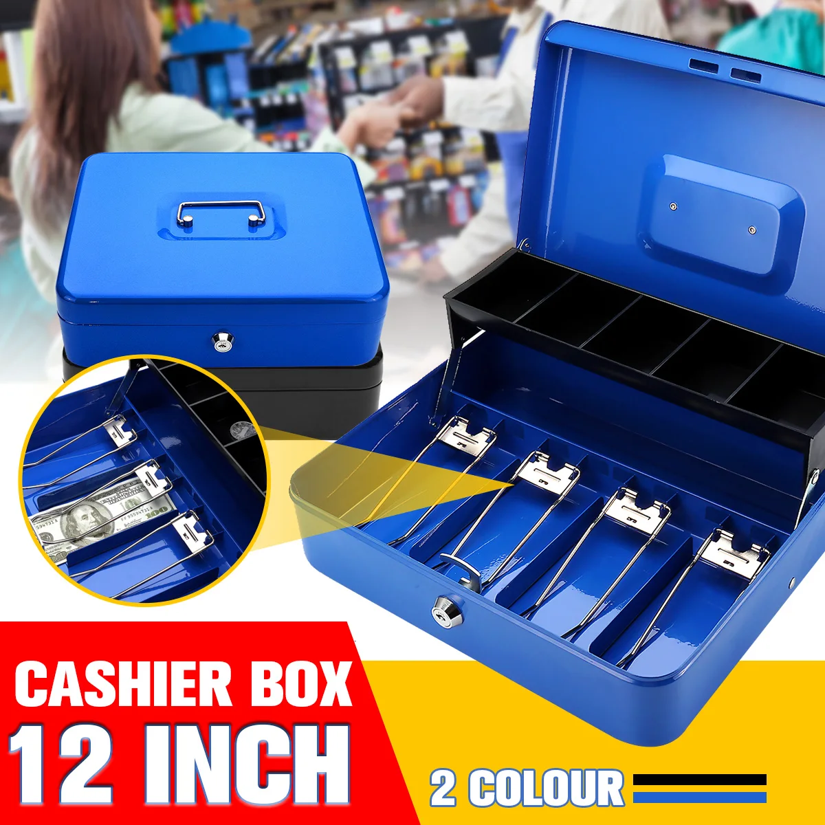 Blue Black Portable Cash Box With Drawer Lockable Metal Money Box Coin
