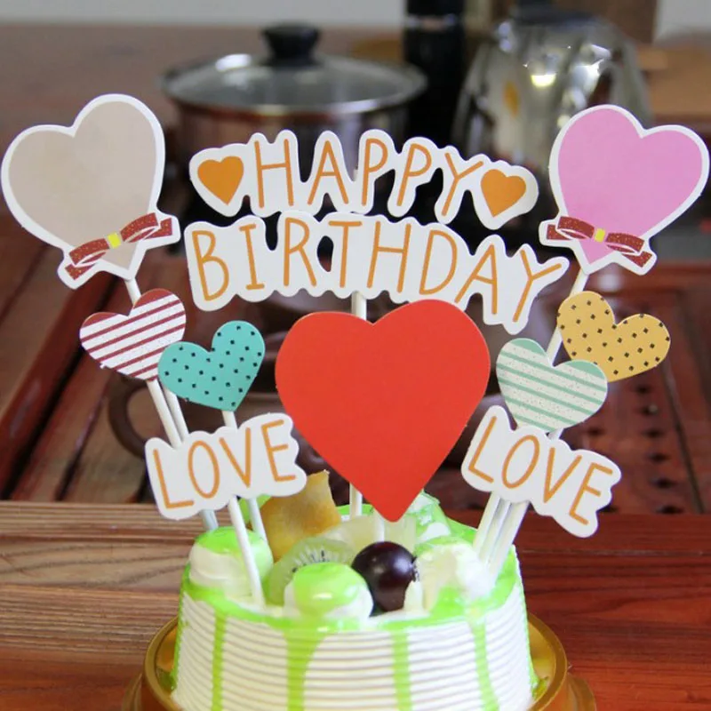 

1 Set Happy Birthday Cake Topper With Heart Kids Boy Girl First ONE Birthday Party Baby Shower Party Decoration