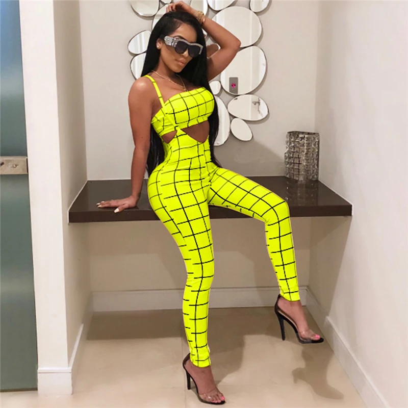 

Elegant Tracksuit Women Jumpsuit Neon Green Suspenders Women Set Plaid Female Two Piece Set Sexy Strapless Bodycon Matching Sets