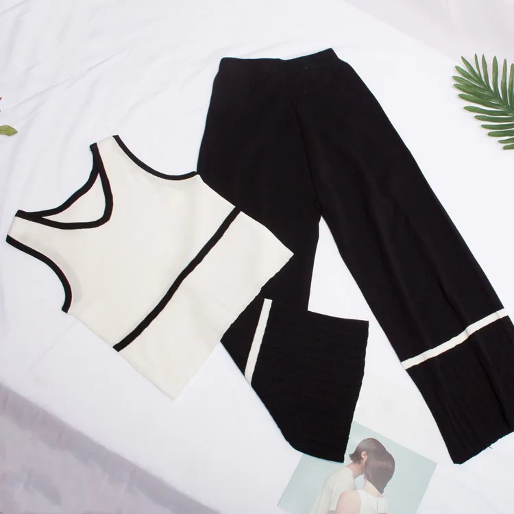 Women Tank Tops Wide Leg Pants Knitted 2Pcs Clothing Casual Vest Jumper Tops Sleeveless Pant Knitting Clothing Suits