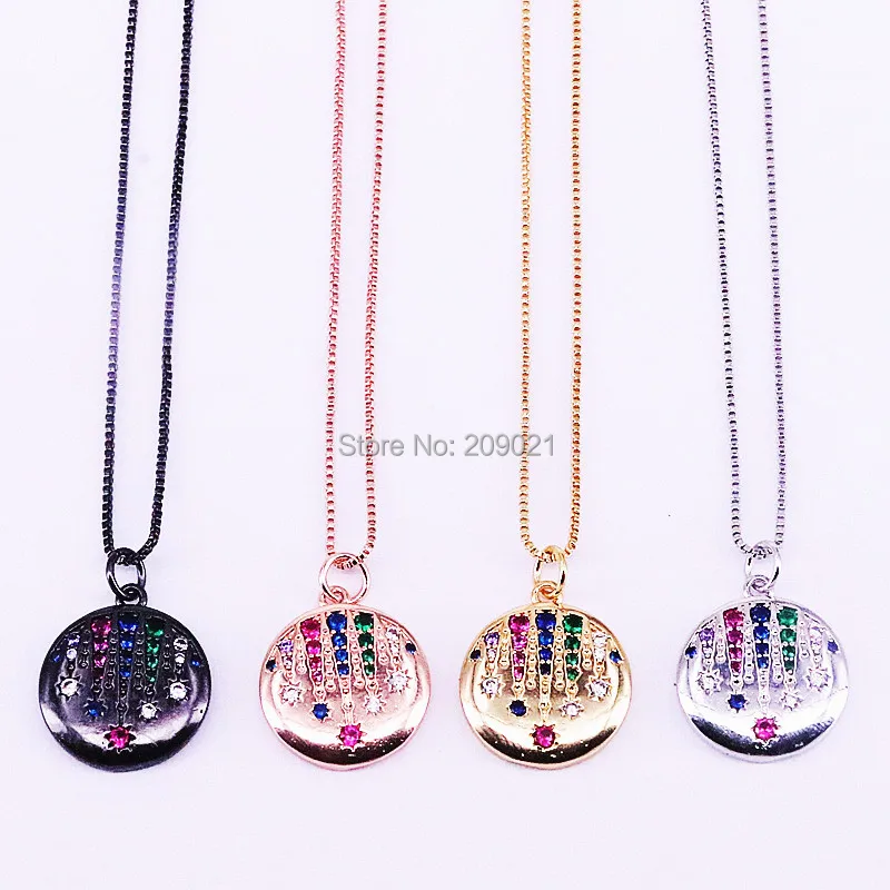 

Fashion 10Pcs Gold/Silver/Black/Rose Gold color rainbow cz micro pave Charms, Colourful Cubic Zirconia Round Pendant Necklace