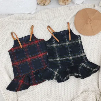 

Kids Dresses For Girls Fashion Plaid Wool Suspender Princess Dress Autumn Winter New Korean Girls Strap Fish Mouth Party Dress